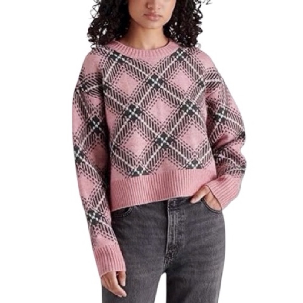 NWT Steve Madden Pink Plaid Crew Neck Mid Weight Sweater, Women’s XL